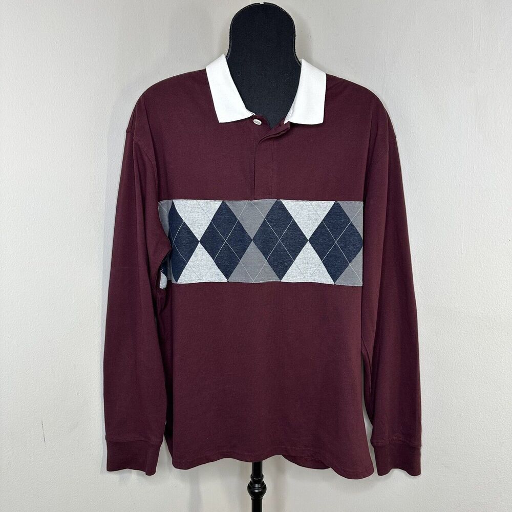PacSun‎ Prep Panel Rugby Shirt Mens Sz M Collared Retro Argyle Academia Burgundy